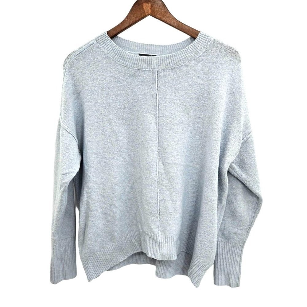 Vince Camuto Womens Sweater Small Oversized Blue Crew Neck Stretch Cropped Hi Lo
